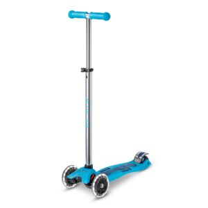 Micro Scooters | Maxi Micro Deluxe GLOW with T-Bar LED | Handlebar Adjustable | Lightweight | Boys & Girls | 5-12 years | Crystal Blue